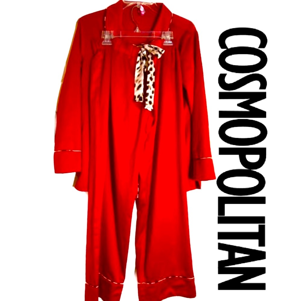 COSMOPOLITAN Classy Red Soft Satin Pajamas Animal Print Trim Sz S